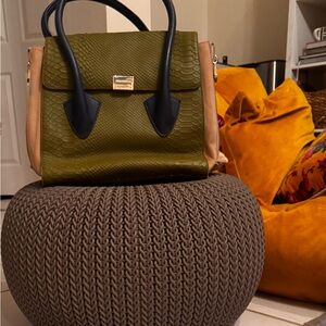 Pour La Victoire Olive Green Textured Satchel with Black Handles and Tan Sides